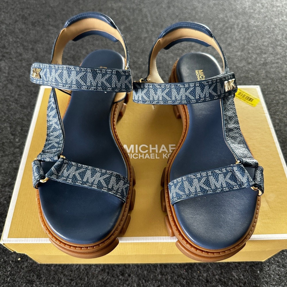 Michael Kors Womens Logo Platform Lug Sole Sandals Blue Denim 7.5M PV21L